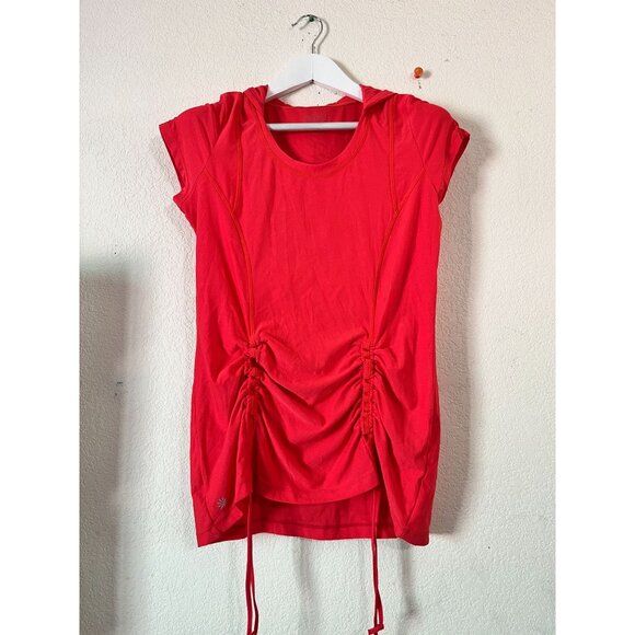 Athleta Womens Red Short Sleeve Ruched Hooded Tunic Top Large Lightweight Active - Picture 1 of 11